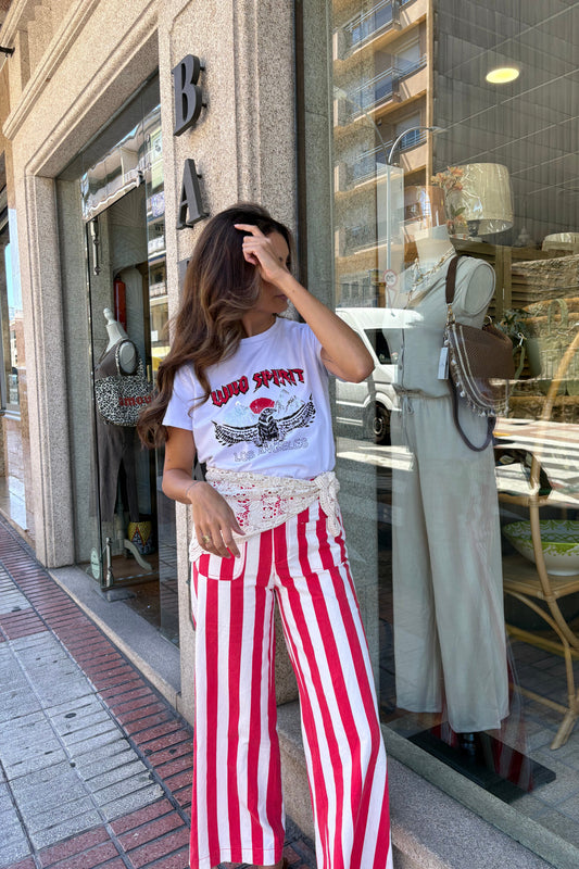 JEANS WIDE LEG TIRO ALTO RAYAS ROJO